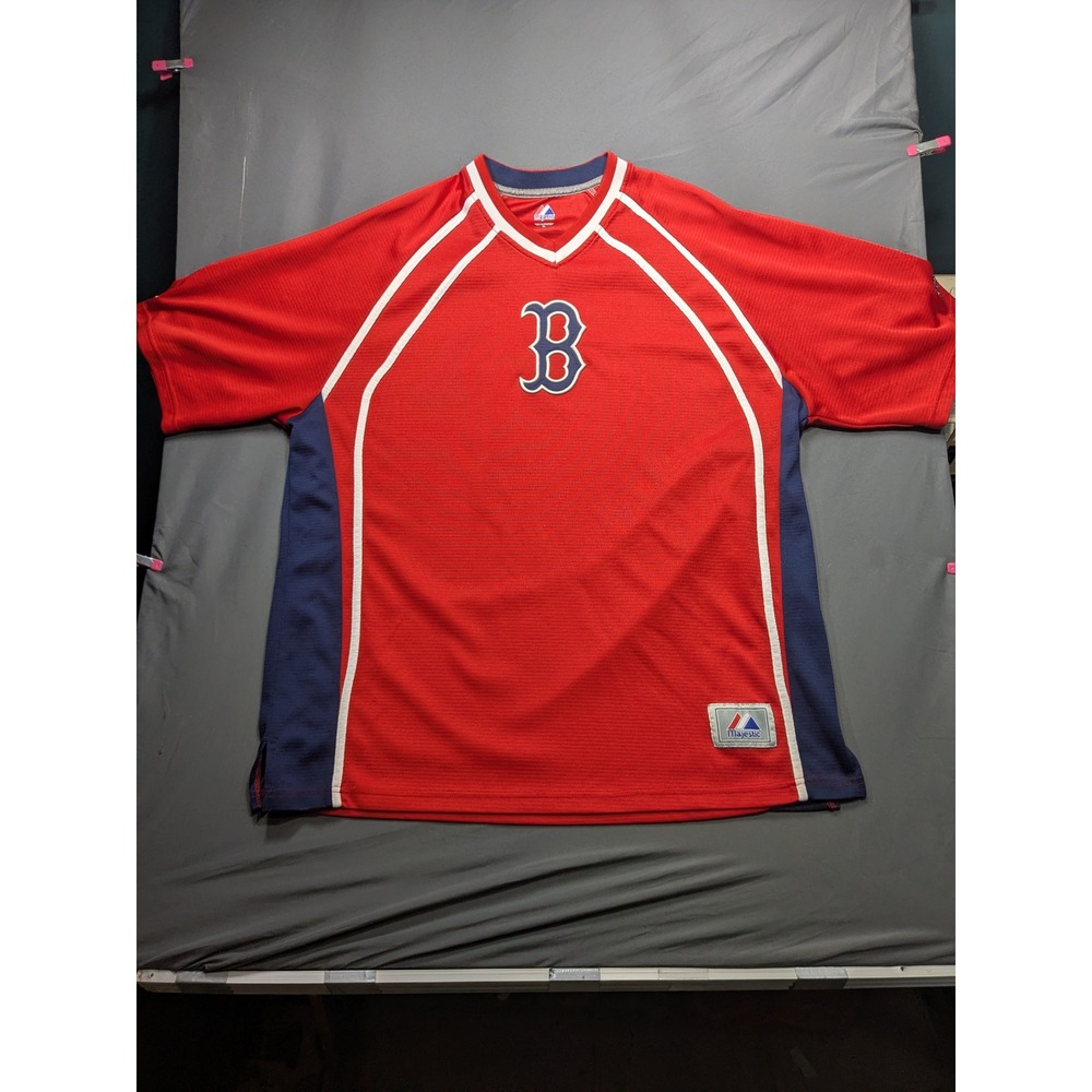 Majestic Boston Red Sox Jersey Mens XL Red Blue V-Neck Mesh Baseball Shirt Logo
